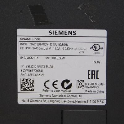 シメンス 6SL3210-5FE13-5UA0 SINAMICS V90 サーボドライブ 3.5 kW 電力,380-480 V AC 入力,IP20 保護